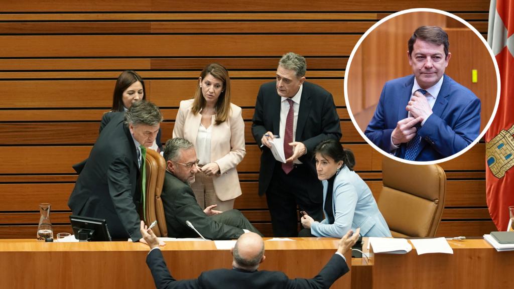 Montaje de la sesión del Pleno de los Presupuestos Generales de la Comunidad para 2023 y una imagen de la peineta de Mañueco en el último pleno