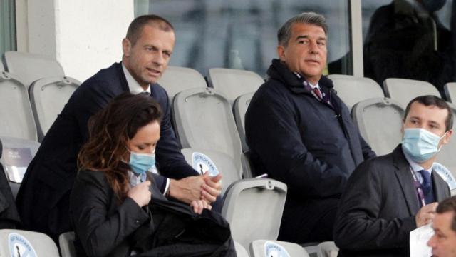 Ceferin, presidente de la UEFA, y Joan Laporta, presidente del FC Barcelona