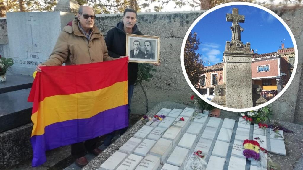 Julio Monge, con antepasados represaliados en Dueñas, durante una de sus visitas al cementerio del municipio palentino, y la cruz franquista ubicada en el pueblo.