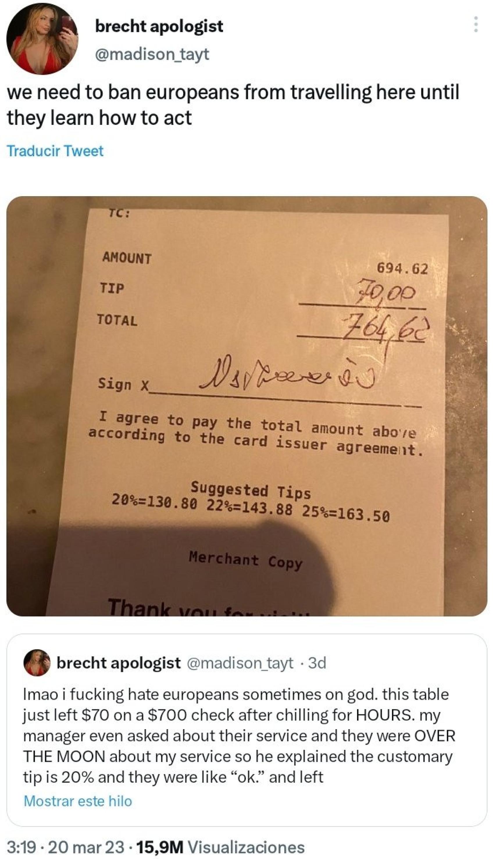 El tuit de la camarera que se ha hecho viral y ha desaparecido de Twitter.