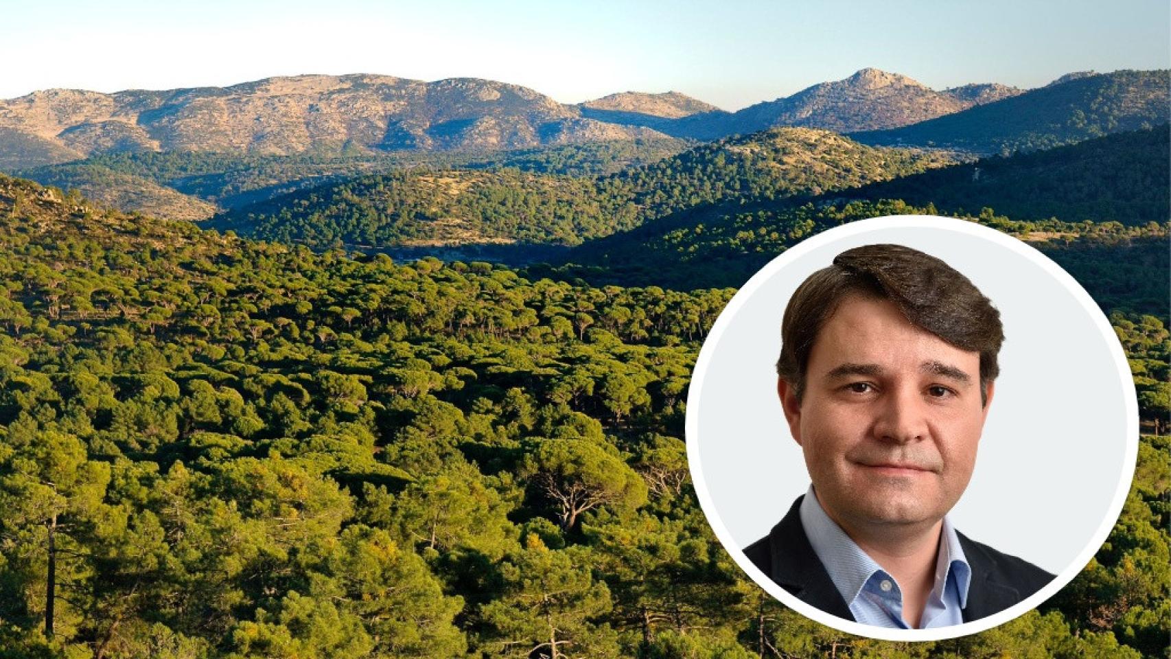 El alcalde de El Hoyo de Pinares, David Beltrán, y el entorno del municipio abulense.