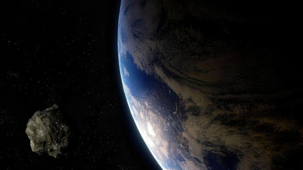 Representación de un asteroide pasando cerca de la Tierra.