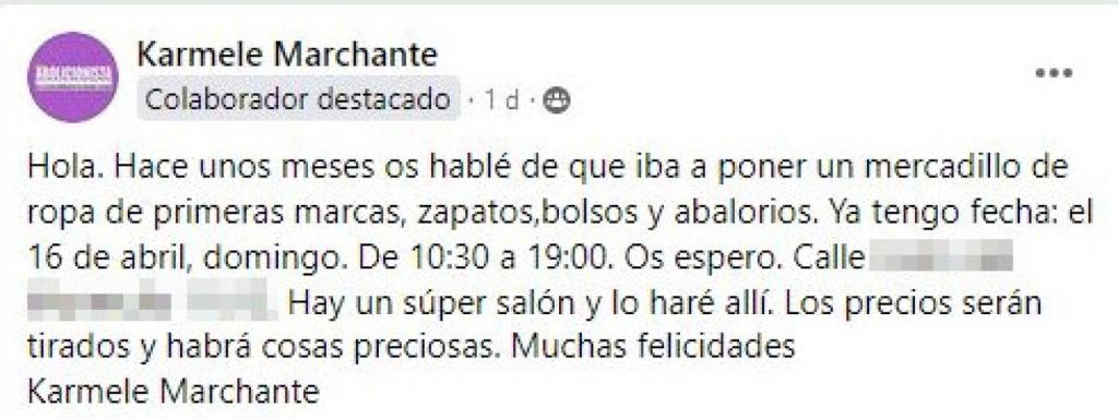 Mensaje compartido por Karmele Marchante en la red social Facebook.