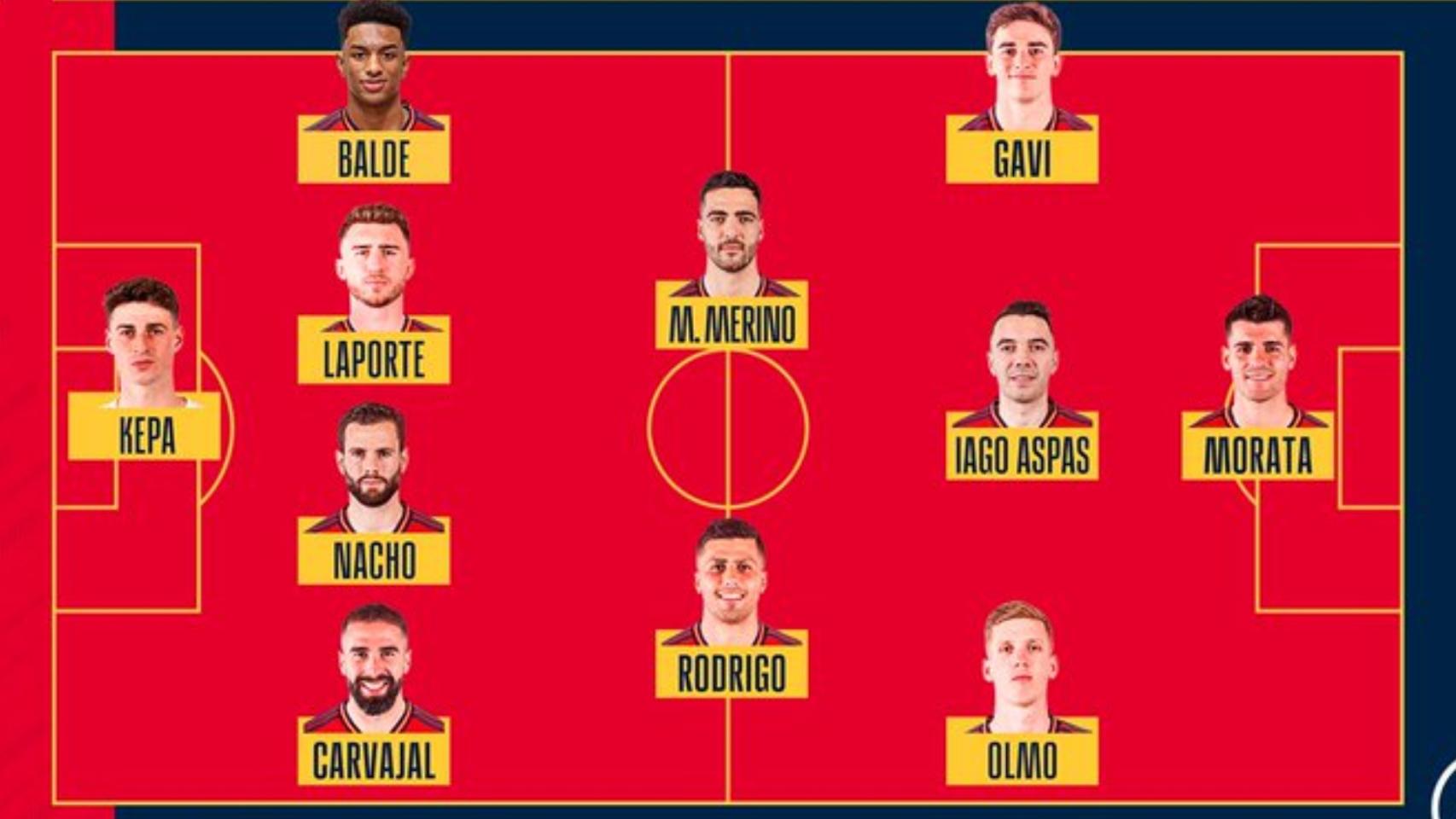 Once inicial de la selección española con Iago Aspas.