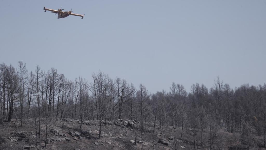 Un hidroavión sobrevuela este domingo el área de Teruel a la que se ha extendido el fuego originado en Castellón.