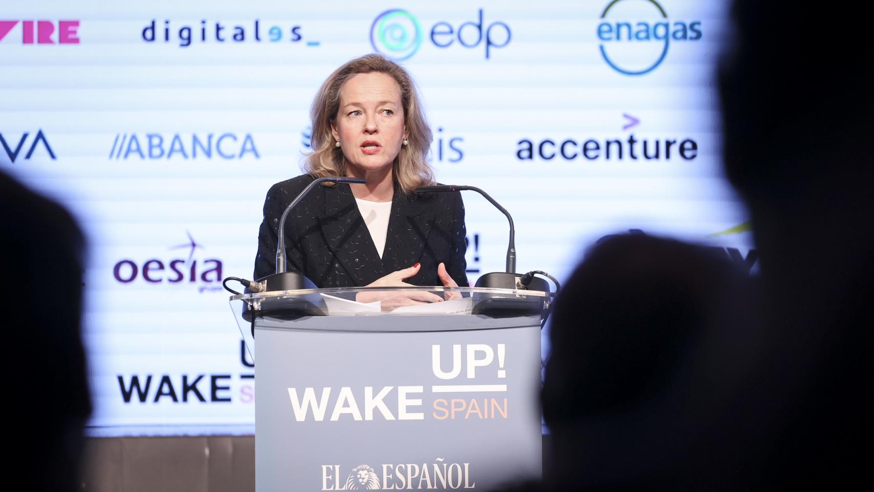 La vicepresidenta primera y ministra de Asuntos Económicos y Transformación Digital, Nadia Calviño, durante su intervención en la III edición del Wake Up, Spain!.