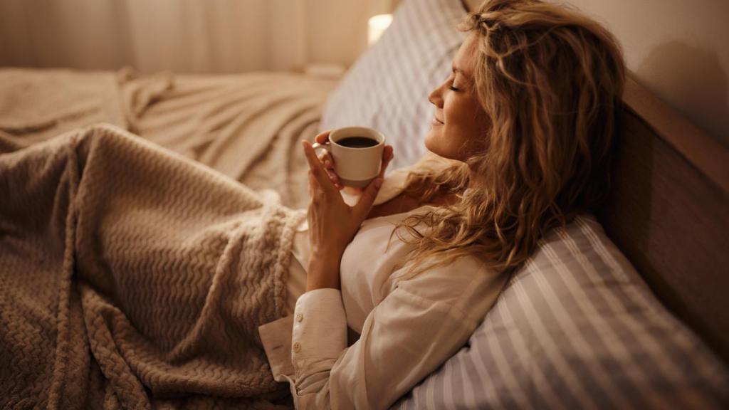 Mujer relajada disfrutando de una bebida en la cama.