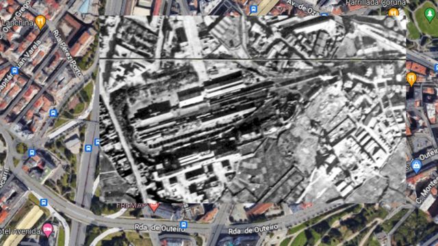 Fotomontaje de la vieja estación sobre el plano actual de A Coruña