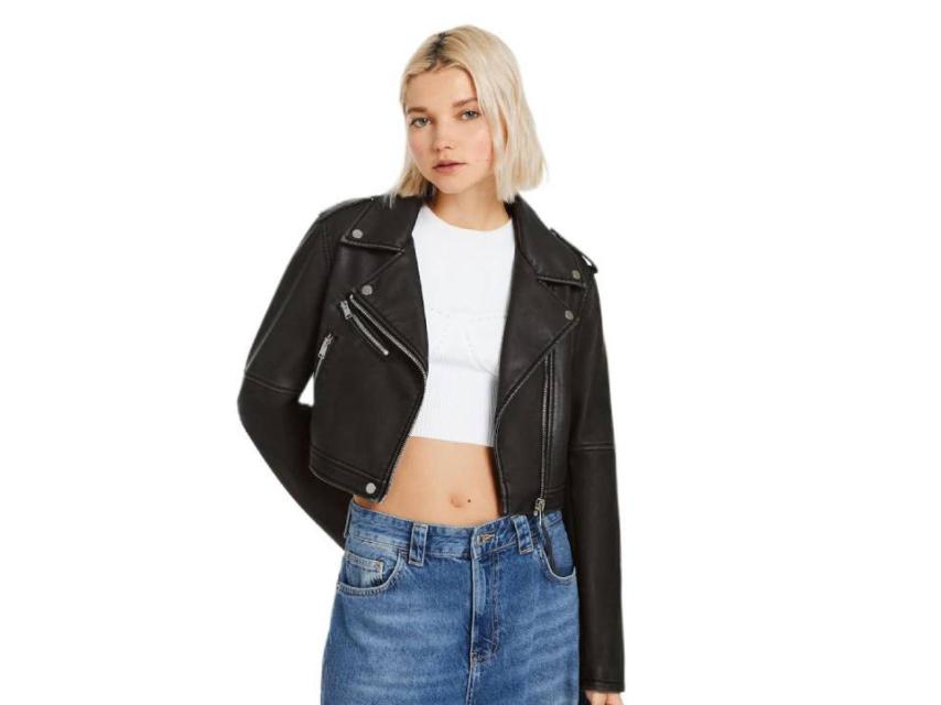 Cazadora biker cropped efecto piel desgastada