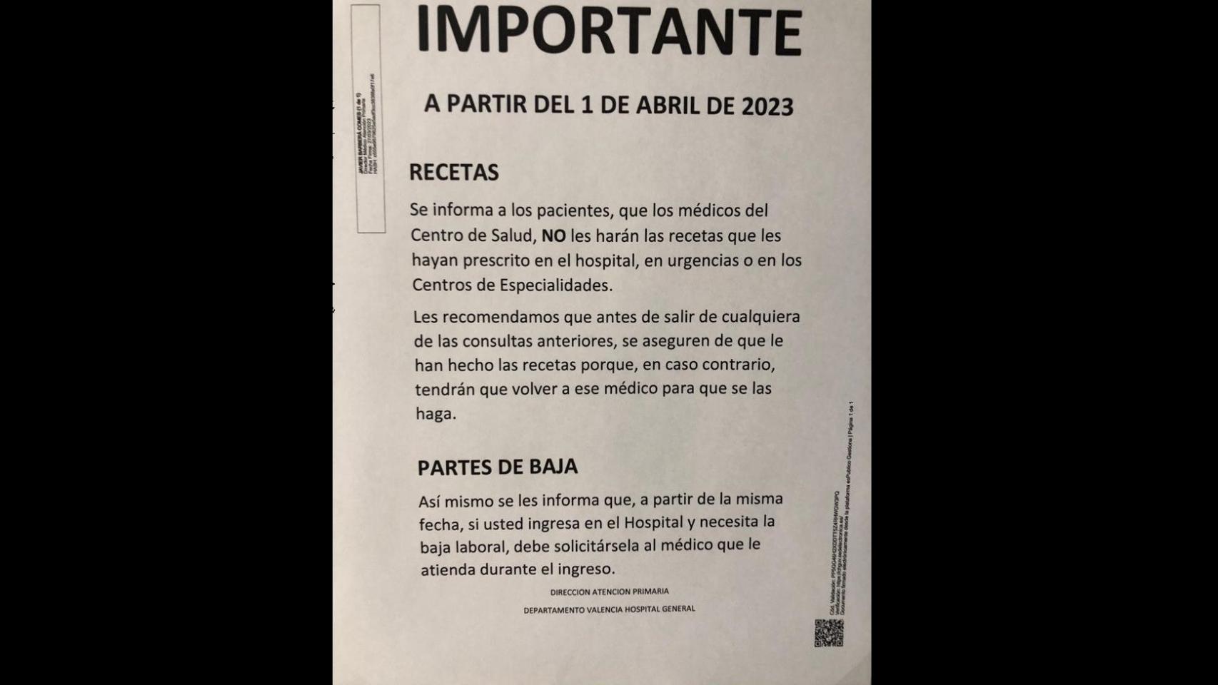 Aviso en algunos de los centros de salud de la Comunidad Valenciana.