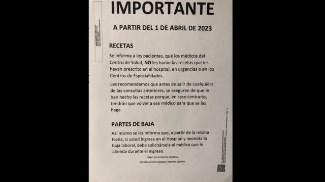 Aviso en algunos de los centros de salud de la Comunidad Valenciana.