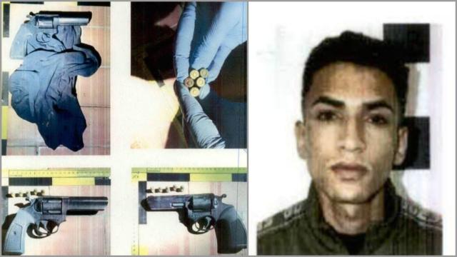 Imagen de un arma simulada, junto a la foto del supuesto cabecilla de la banda, Oussama D., tras ser detenido por la Guardia Civil.