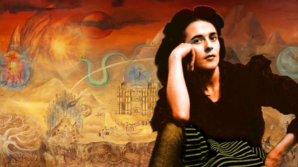 Leonora Carrington, junto a uno de sus cuadros, en un montaje.