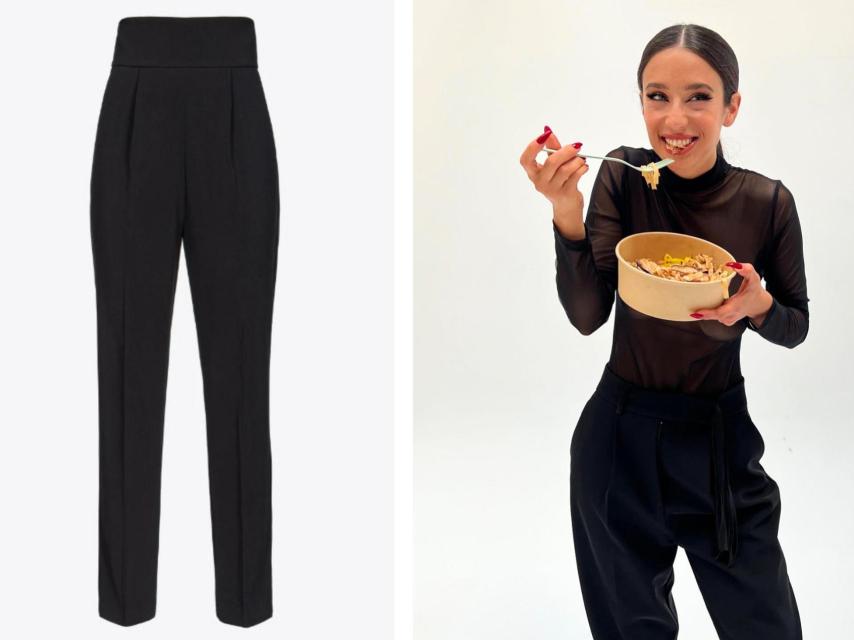 La actriz combina sus pantalones con un top transparente.