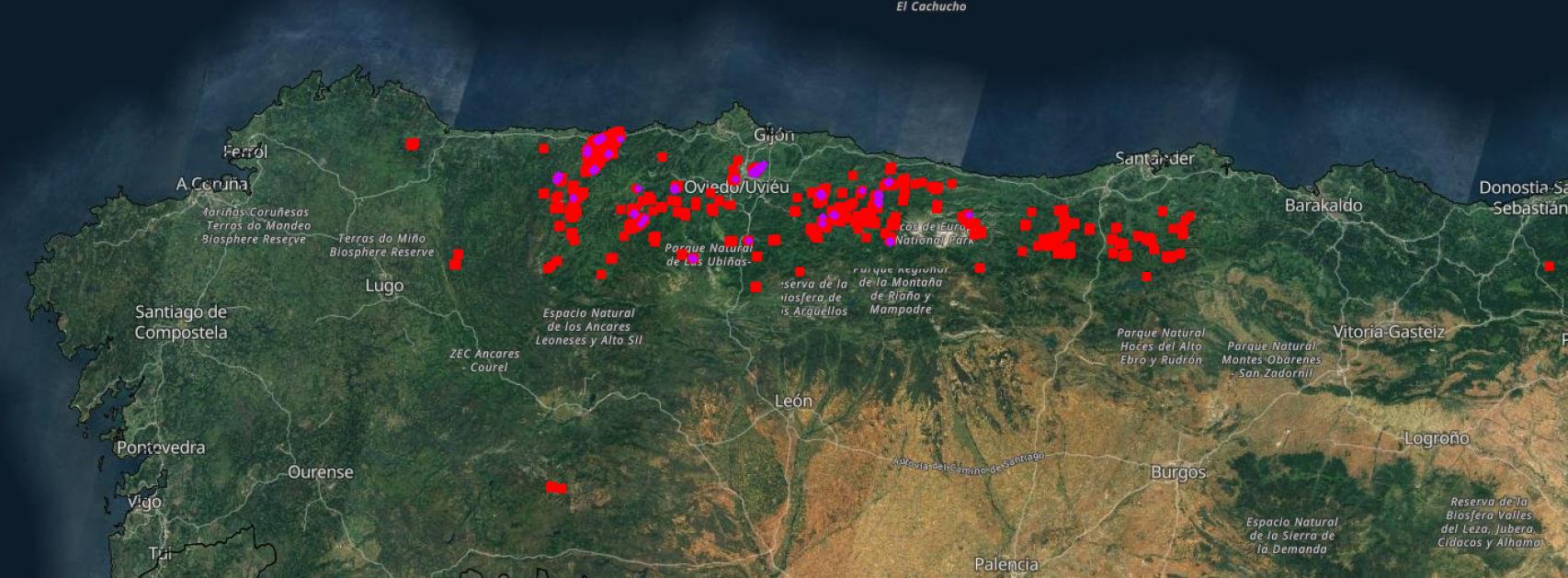 Focos activos en la cornisa cantábrica captados por Copernicus, a 31 de marzo de 2023.
