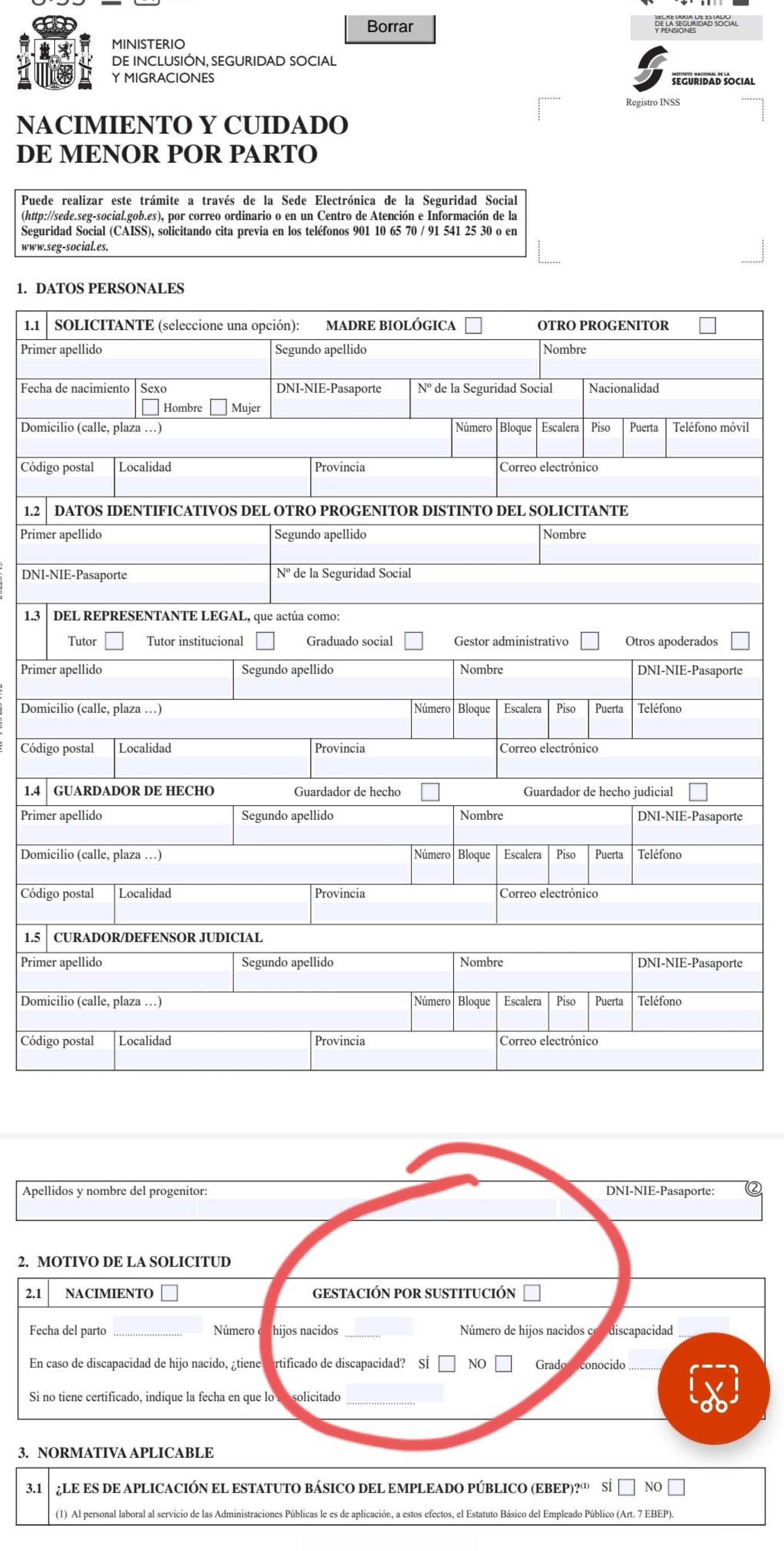El formulario utilizado por el Ministerio de José Luis Escrivá para tramitar esta prestación social incluye un apartado específico para los padres por gestación subrogada.