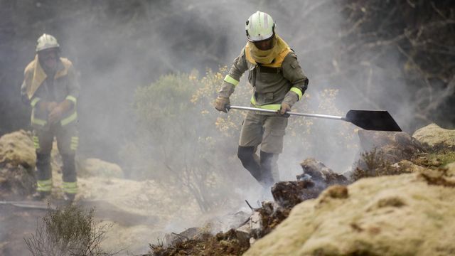 Dos brigadistas forestales trabajan para extinguir las llamas en un incendio forestal, a 30 de marzo de 2023, en Baleira (Lugo).