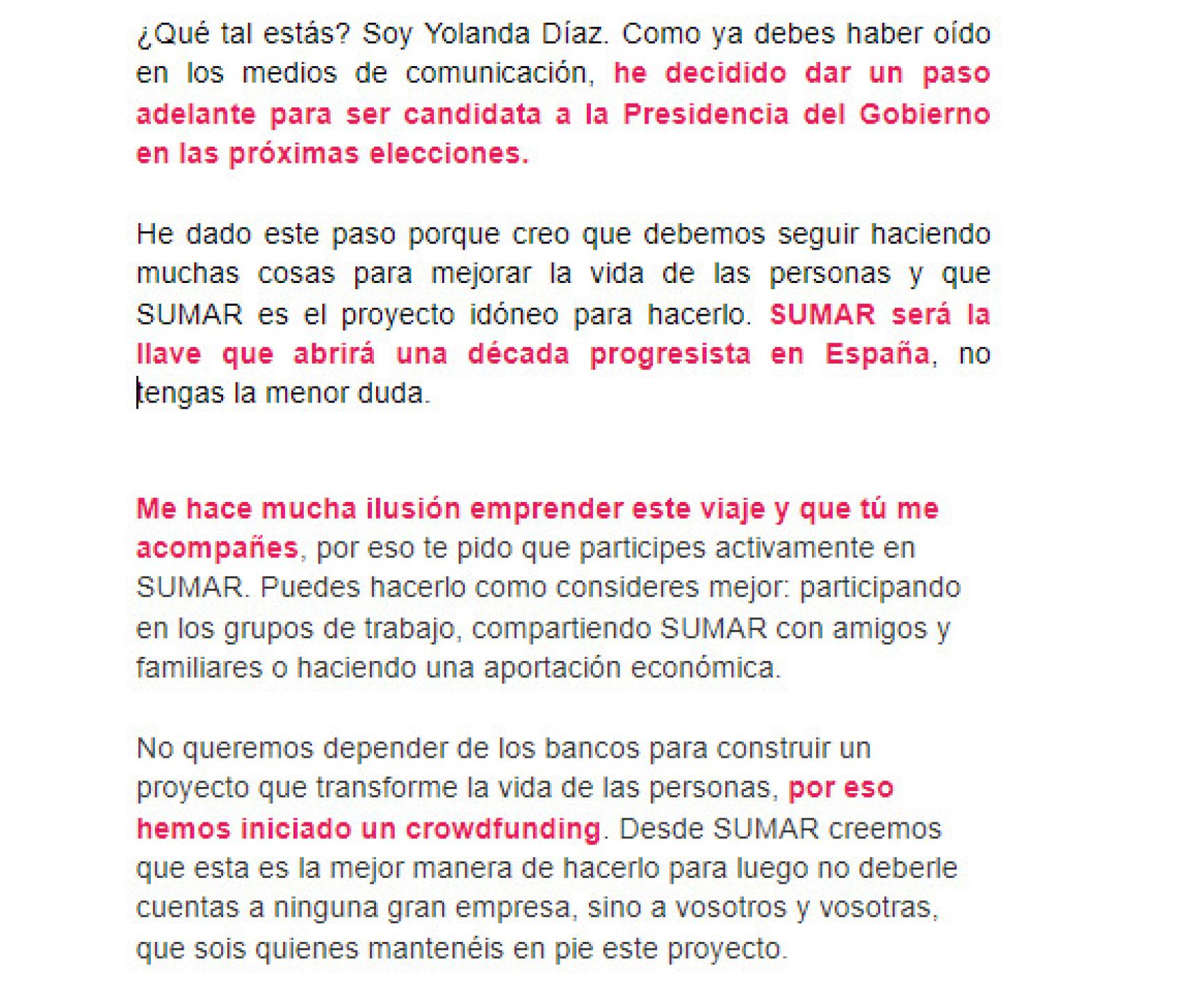 El correo electrónico enviado por Sumar a sus simpatizantes.