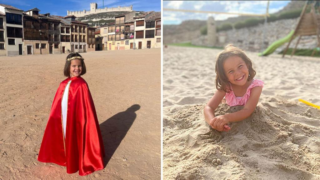A la izquierda Julia en la Plaza del Coso, a la derecha, la pequeña divirtiéndose