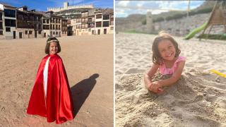 A la izquierda Julia en la Plaza del Coso, a la derecha, la pequeña divirtiéndose