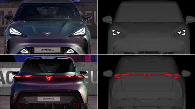 Imágenes registradas del futuro Cupra Raval junto al prototipo.