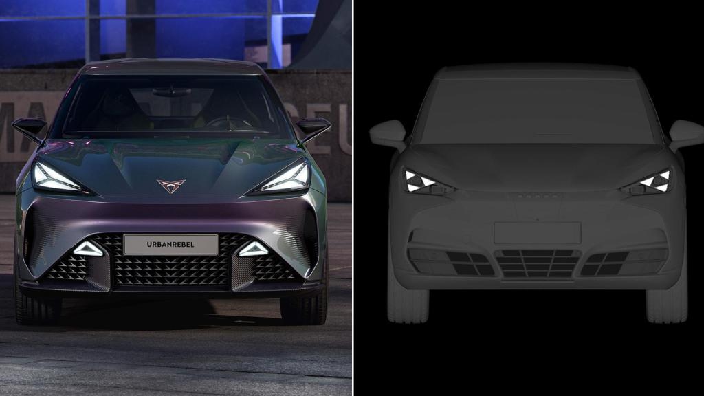 Frontal del prototipo Cupra Raval y de las imágenes registradas.