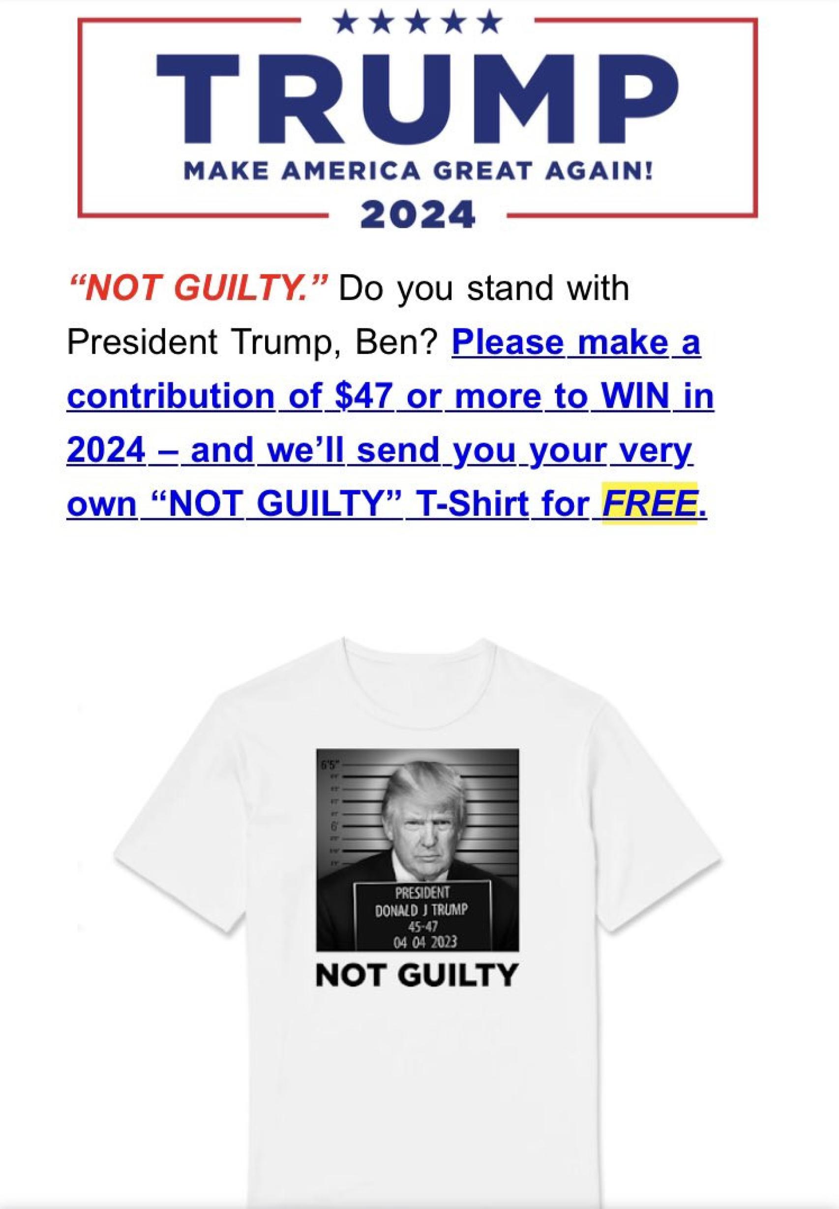 Captura del mensaje enviado por la candidatura de Donald Trump a sus registrados.