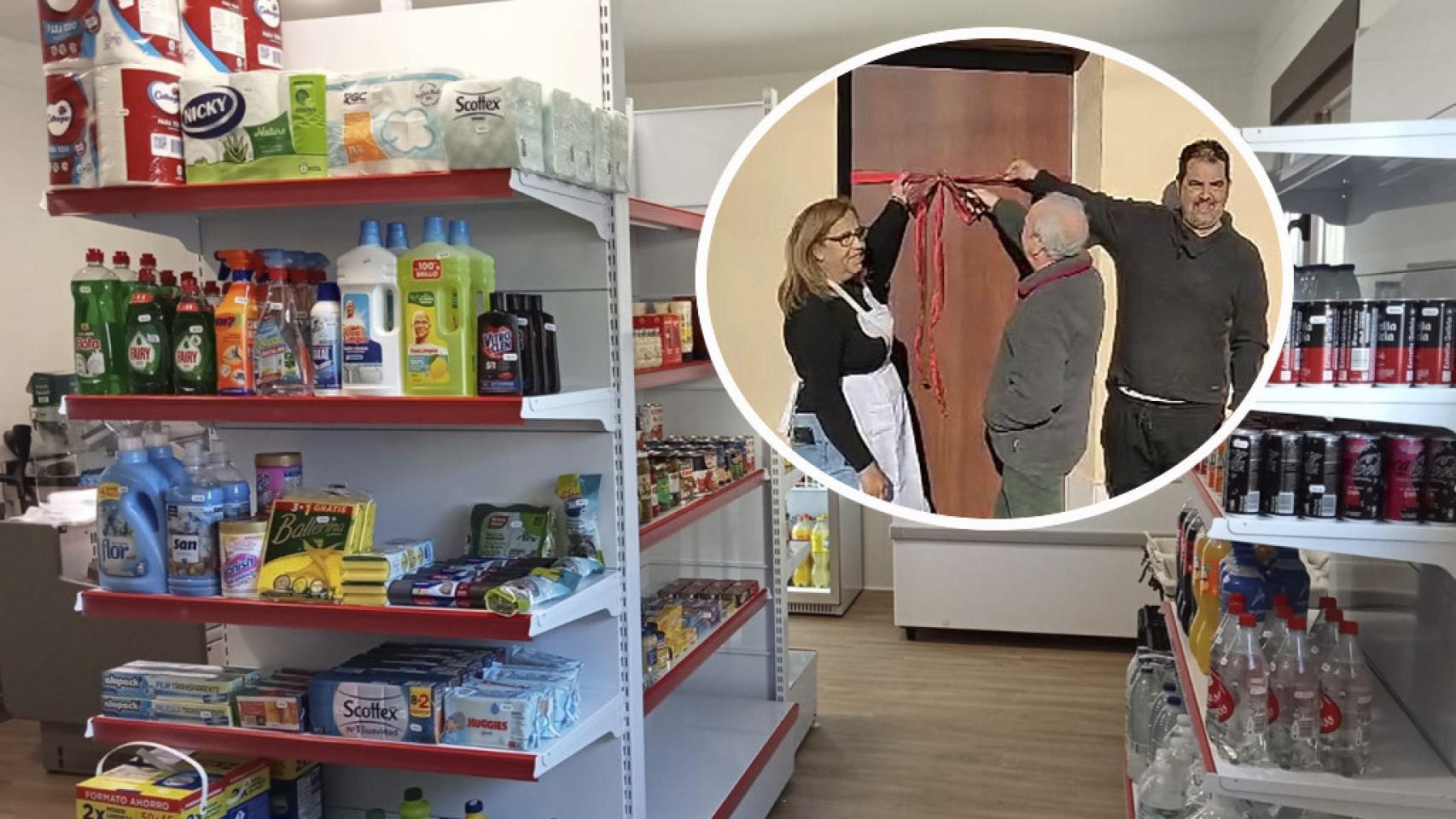 Blanca Rodríguez, a la izquierda, junto a Tomás Madrazo, alcalde de Quintanilla de Arriba, y Carlos Gila, hijo de Blanca, inaugurando la tienda