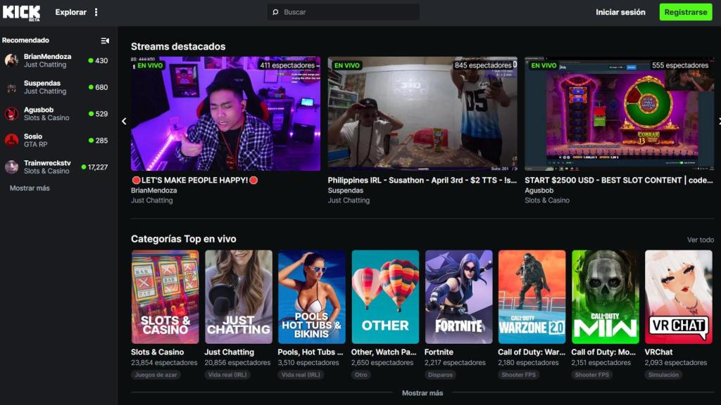 La página web de Kick se parece mucho a la de Twitch