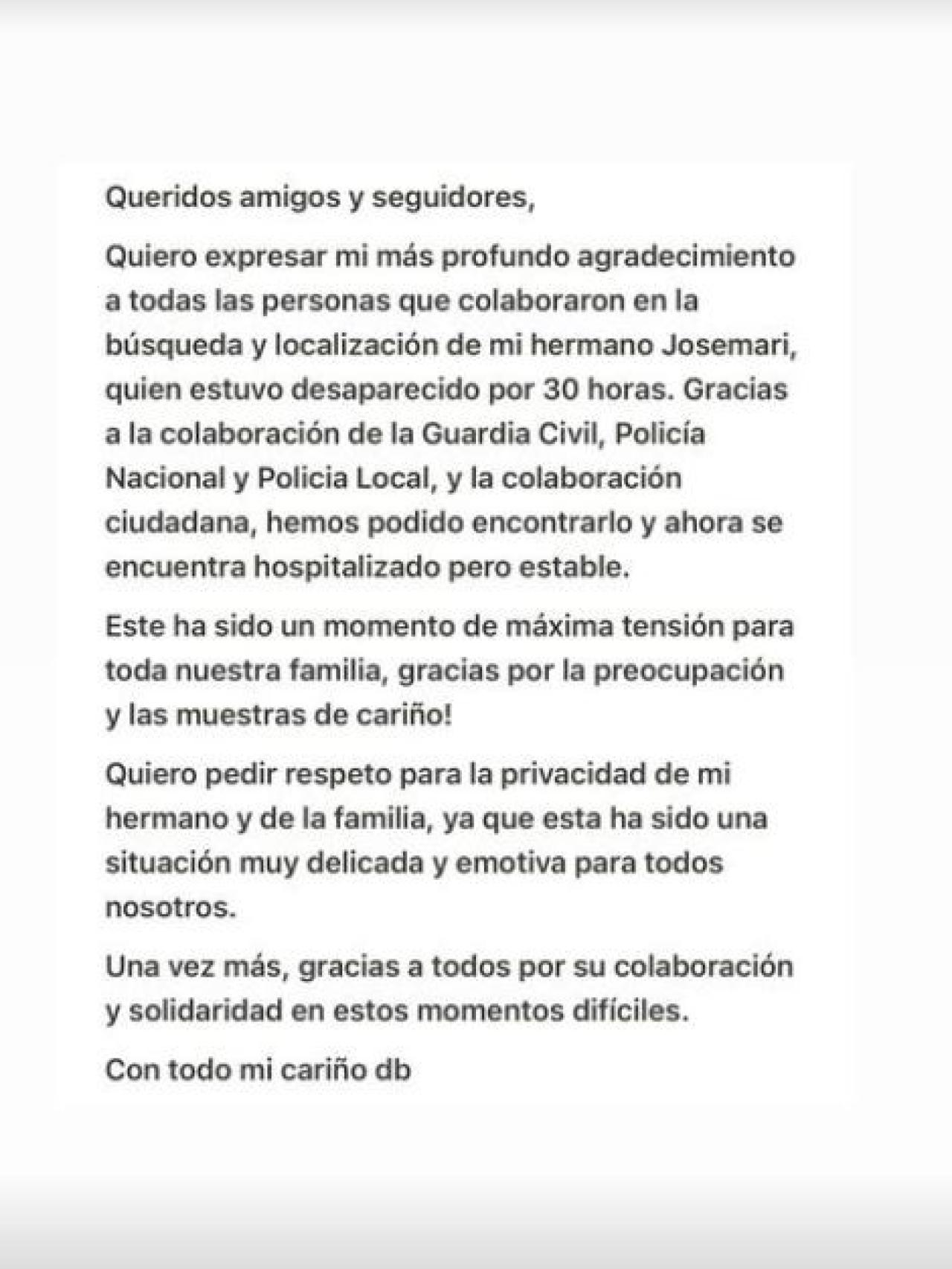 El comunicado del artista en sus redes.