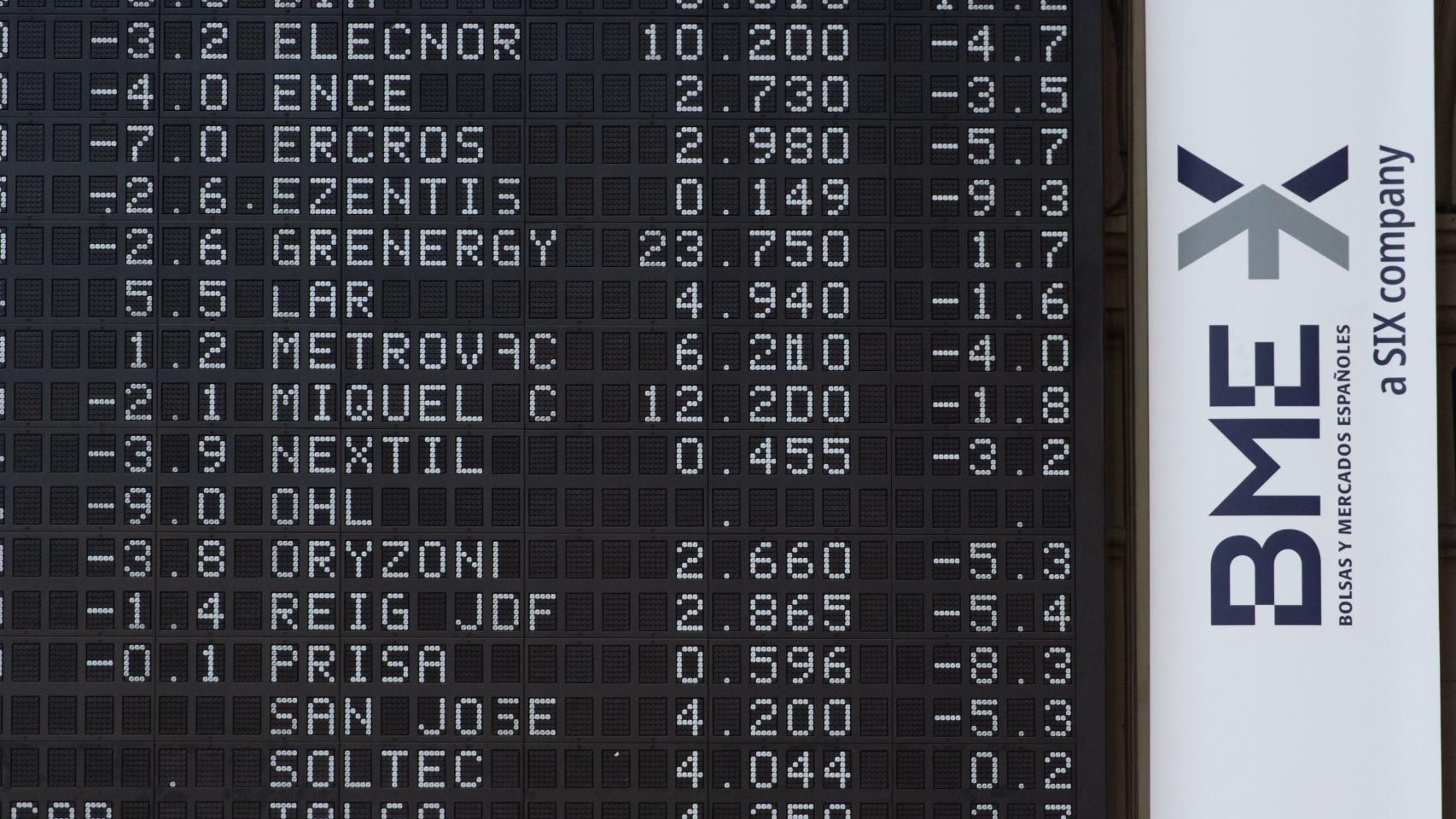 Un panel con valores del Ibex 35 en la Bolsa de Madrid.