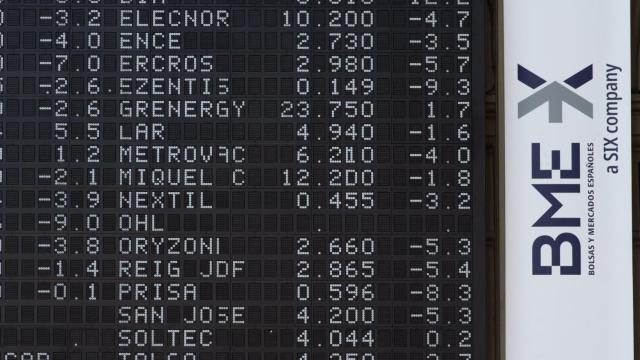 Un panel con valores del Ibex 35 en la Bolsa de Madrid.