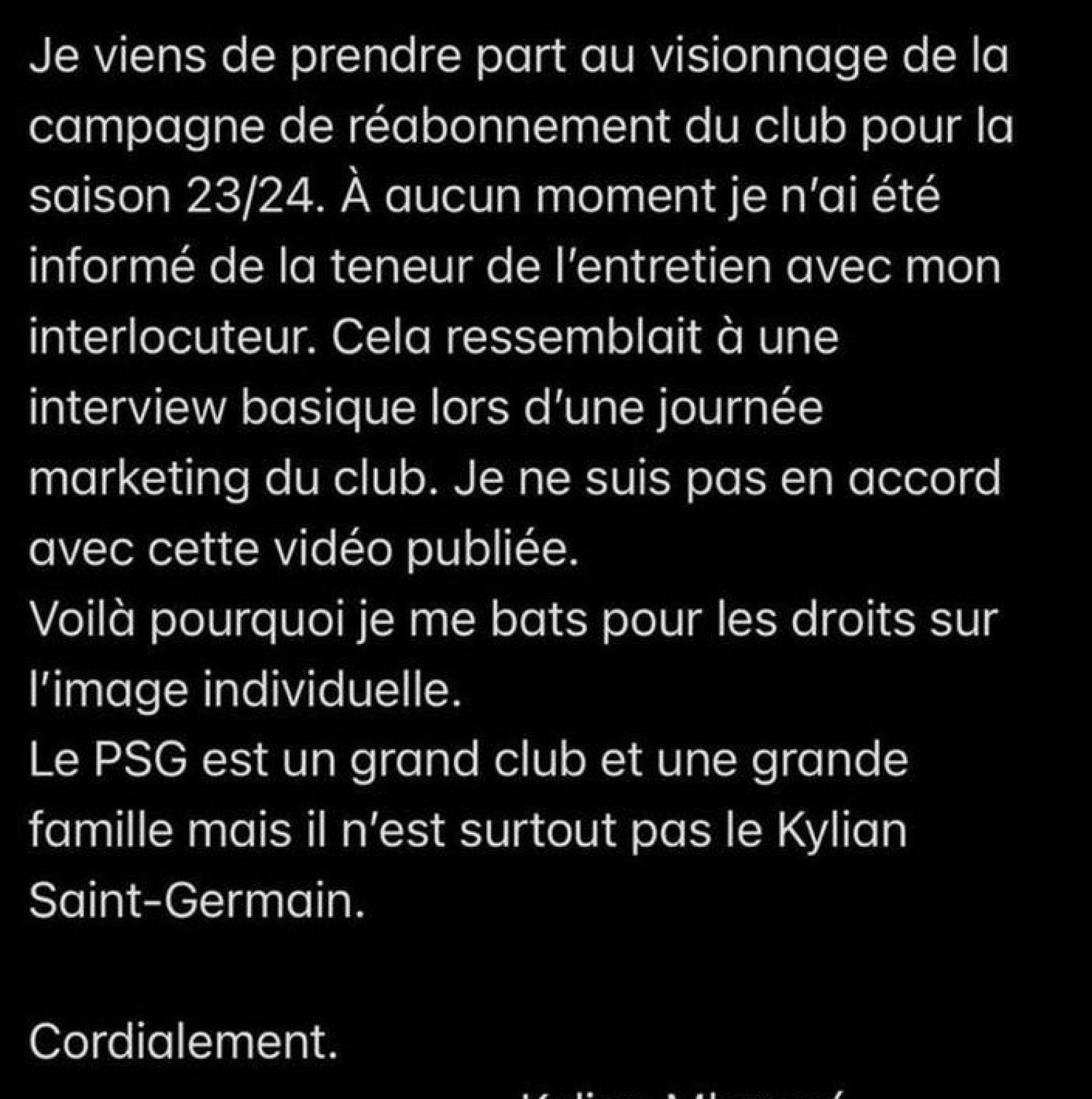 Comunicado de Mbappé en Instagram