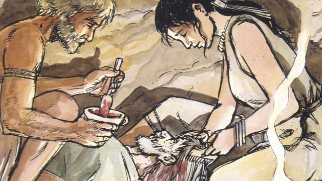 Recreación del teñido de pelo en la cámara funeraria de Es Càrritx. Ilustración: Oriol Garcia i Quera, ASOME-UAB