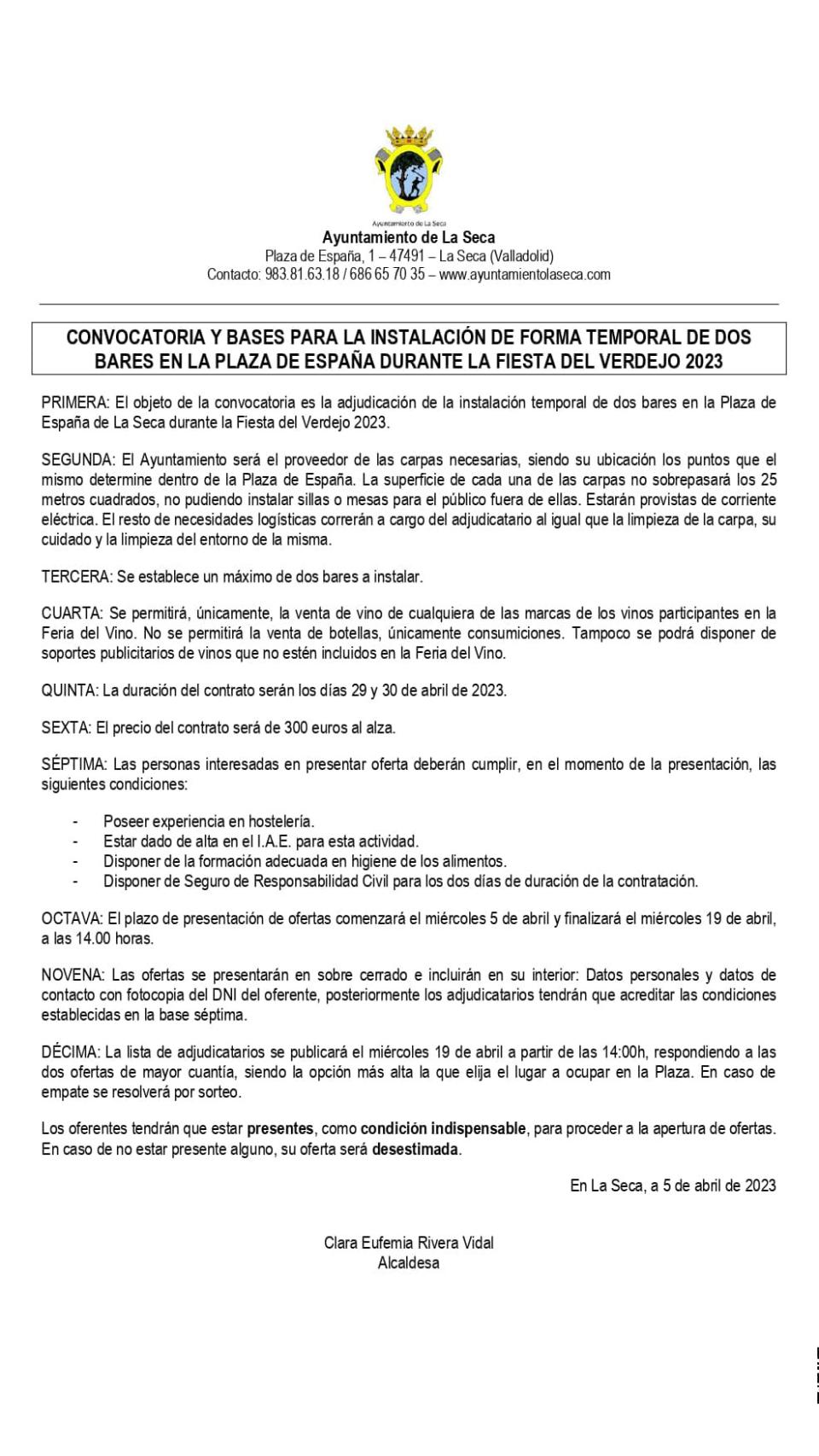 Bando del Ayuntamiento de La Seca para instalar dos bares en la Fiesta del Verdejo