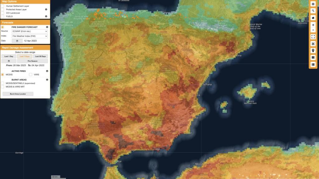 Peligro de incendio del Global ECMWF Fire Forecast (GEFF) para el 12 de abril de 2023