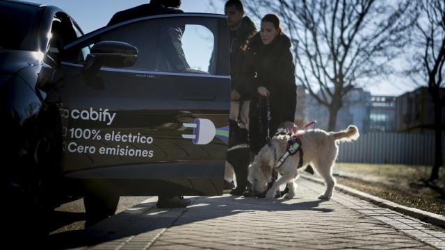 Una persona con discapacidad visual se sube al coche con ayuda del conductor.