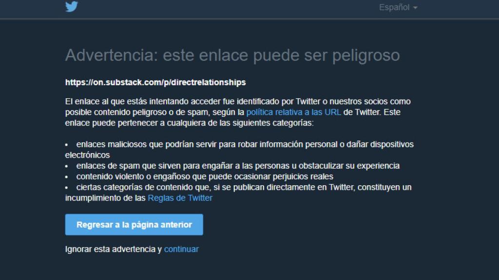 Mensaje de advertencia al pinchar sobre un enlace a Substack desde Twitter
