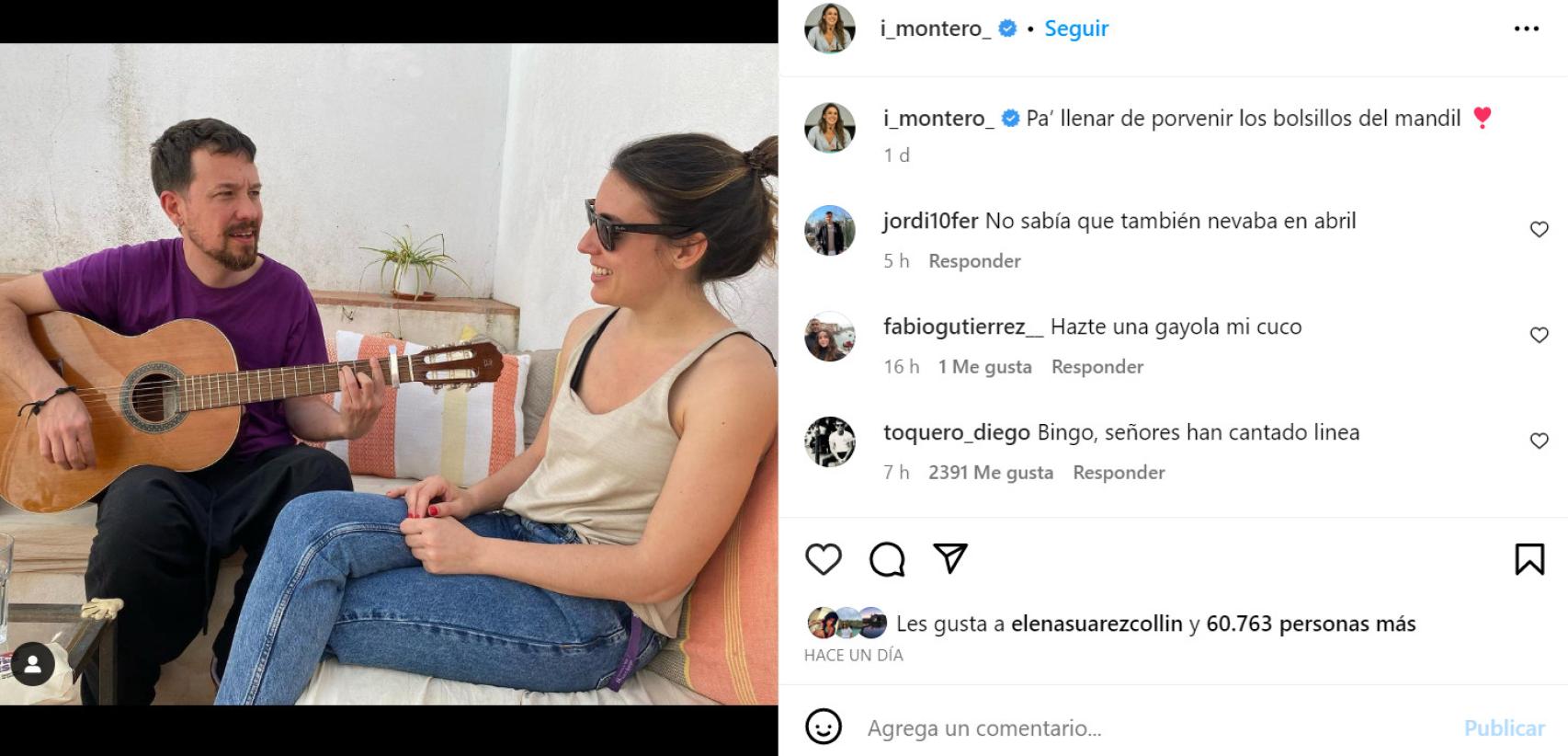 Imagen que Irene Montero, ministra de Igualdad, publicó este sábado en Instagram.