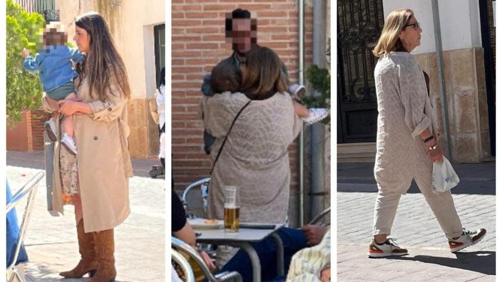 Tres momentos de la comida de la familia el pasado sábado: Irene con su hijo Leo en brazos; Goyi abrazando a su nieto y la madre de Sara paseando por el pueblo.