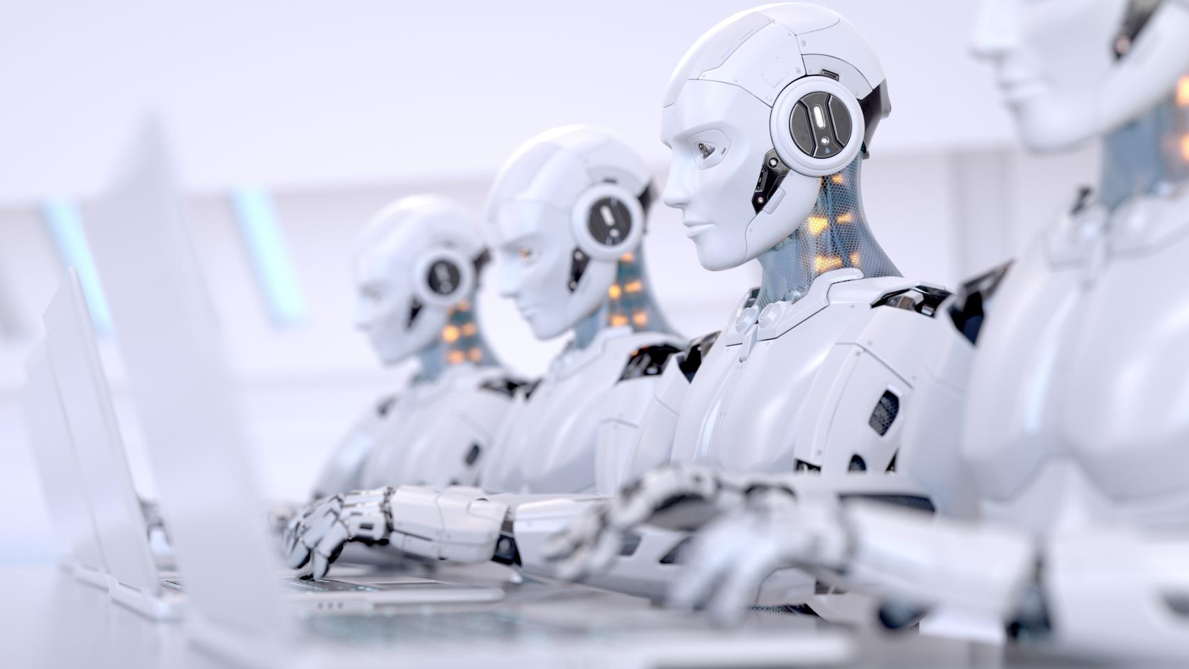 Robots representando a la IA trabajando