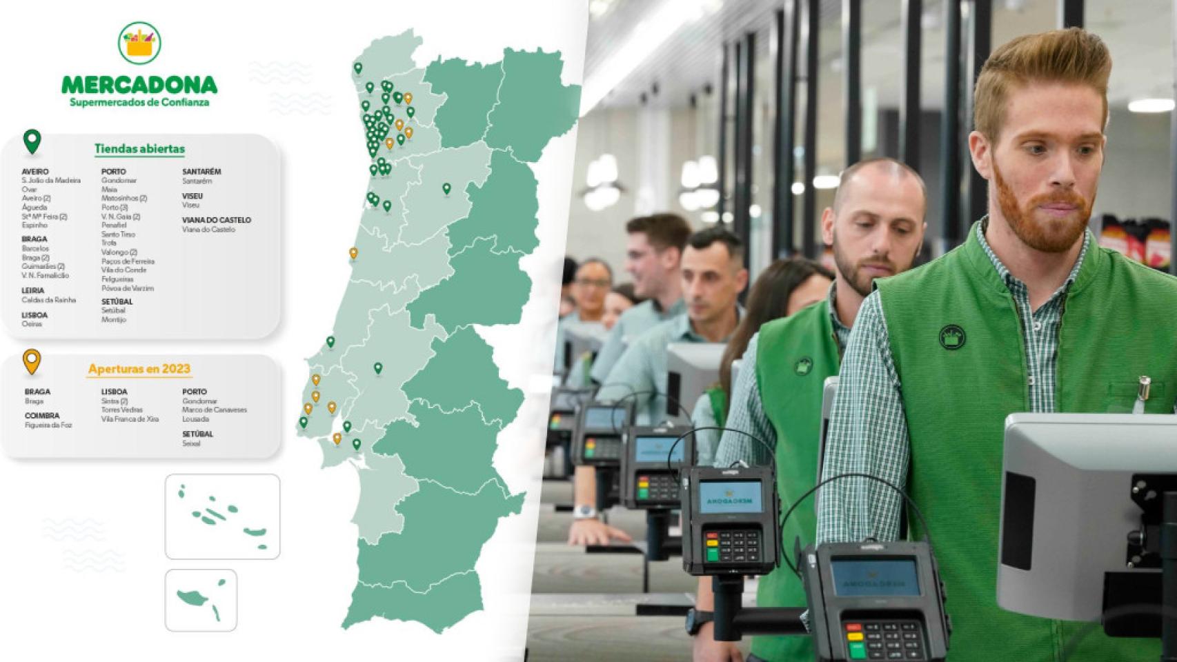 Mapa con las aperturas y las tiendas preexistentes de Mercadona en Portugal. EE