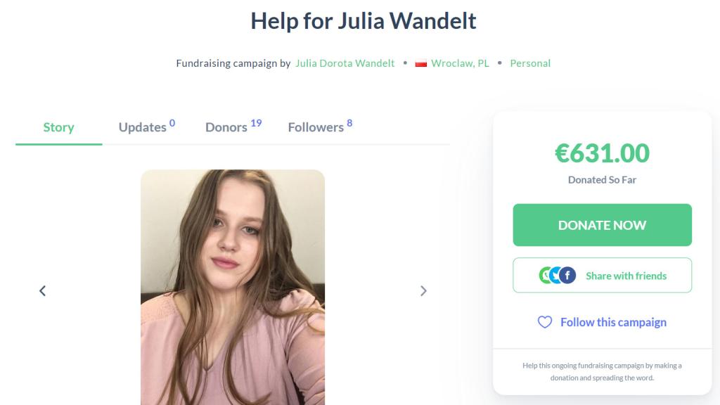 Julia Faustyna Wandelt en la página de recaudación de fondos.