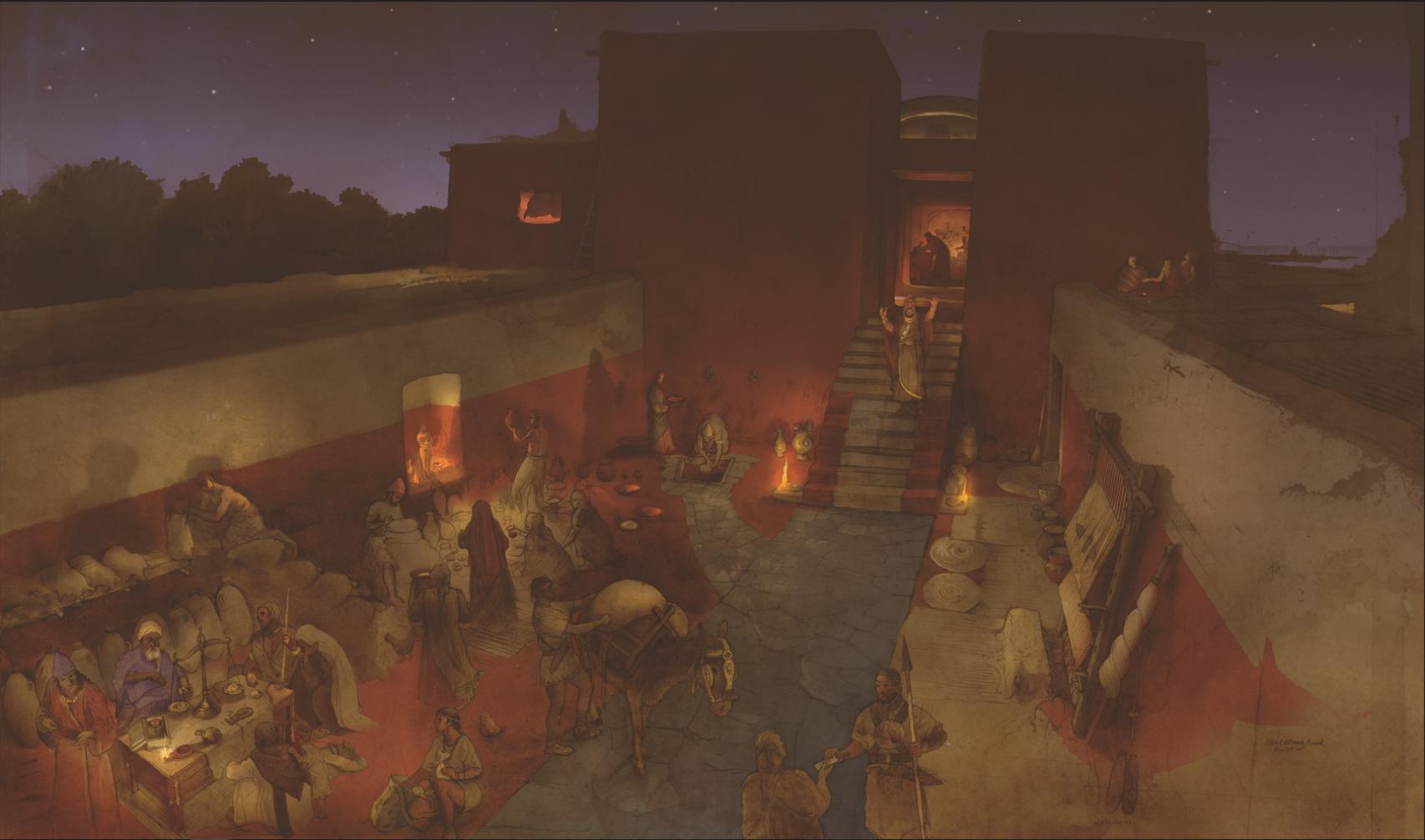Recreación hipotética del patio del edificio de Casas del Turuñuelo. Ilustración: Albert Álvarez Marsal