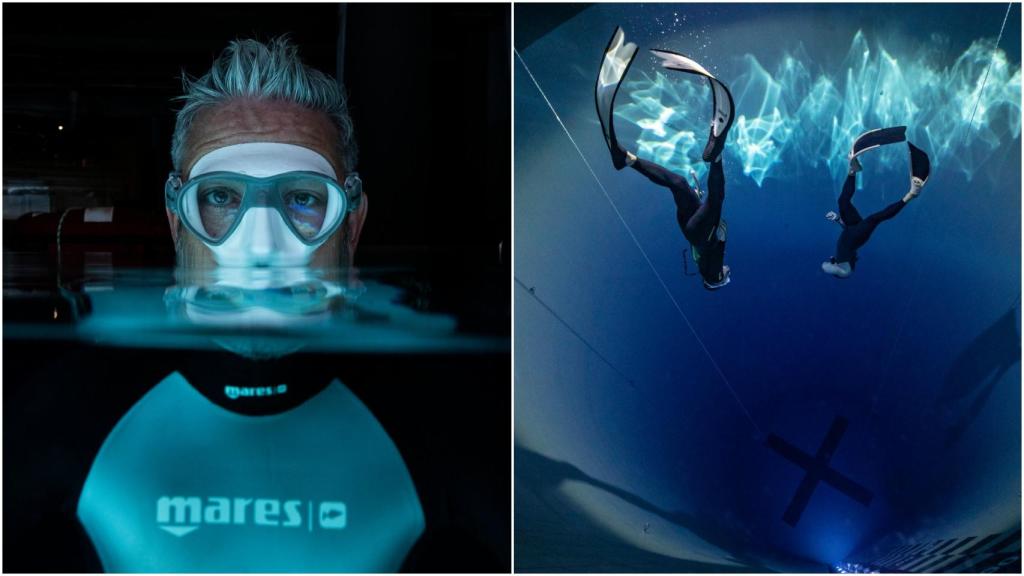 A la izquierda, Juandi Alcázar. A la derecha, la piscina donde realiza los cursos de apnea y buceo en el Centro Comercial X-Madrid.