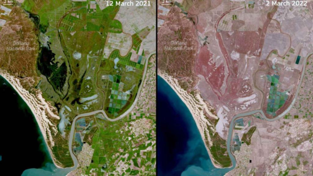 Imágenes comparativas entre marzo 2021 y marzo 2022 adquiridas por los satélites Copernicus Sentinel-2.
