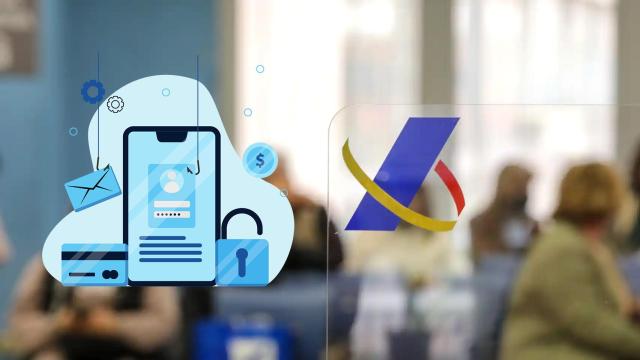 Fotografía del logo de la Agencia Tributaria junto a una ilustración.