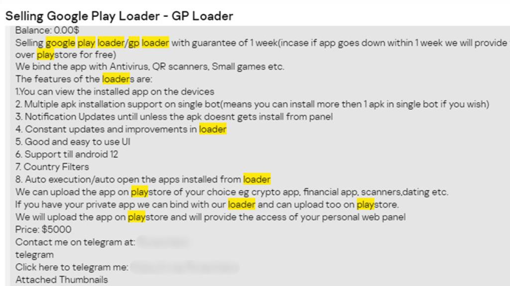 Anuncio de Hacker para cargar malware en Google Play