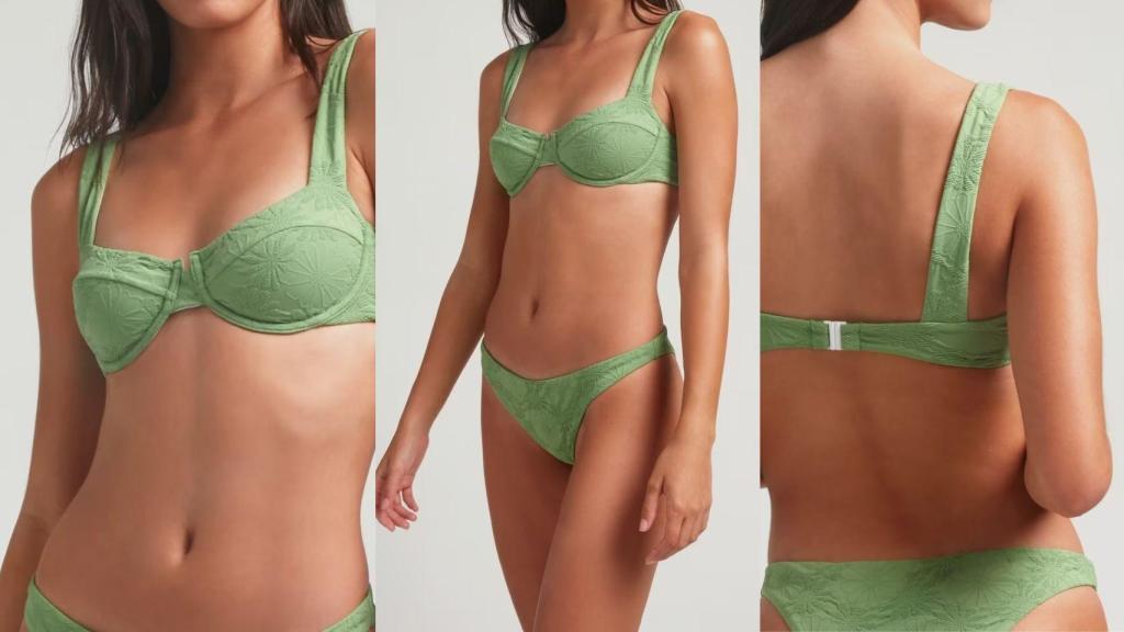 Sujetador bikini Pistacchio con aro y foam extraíble (37,45 €) y braguita con tejido en estructura de Robin Collection (37,45 €)