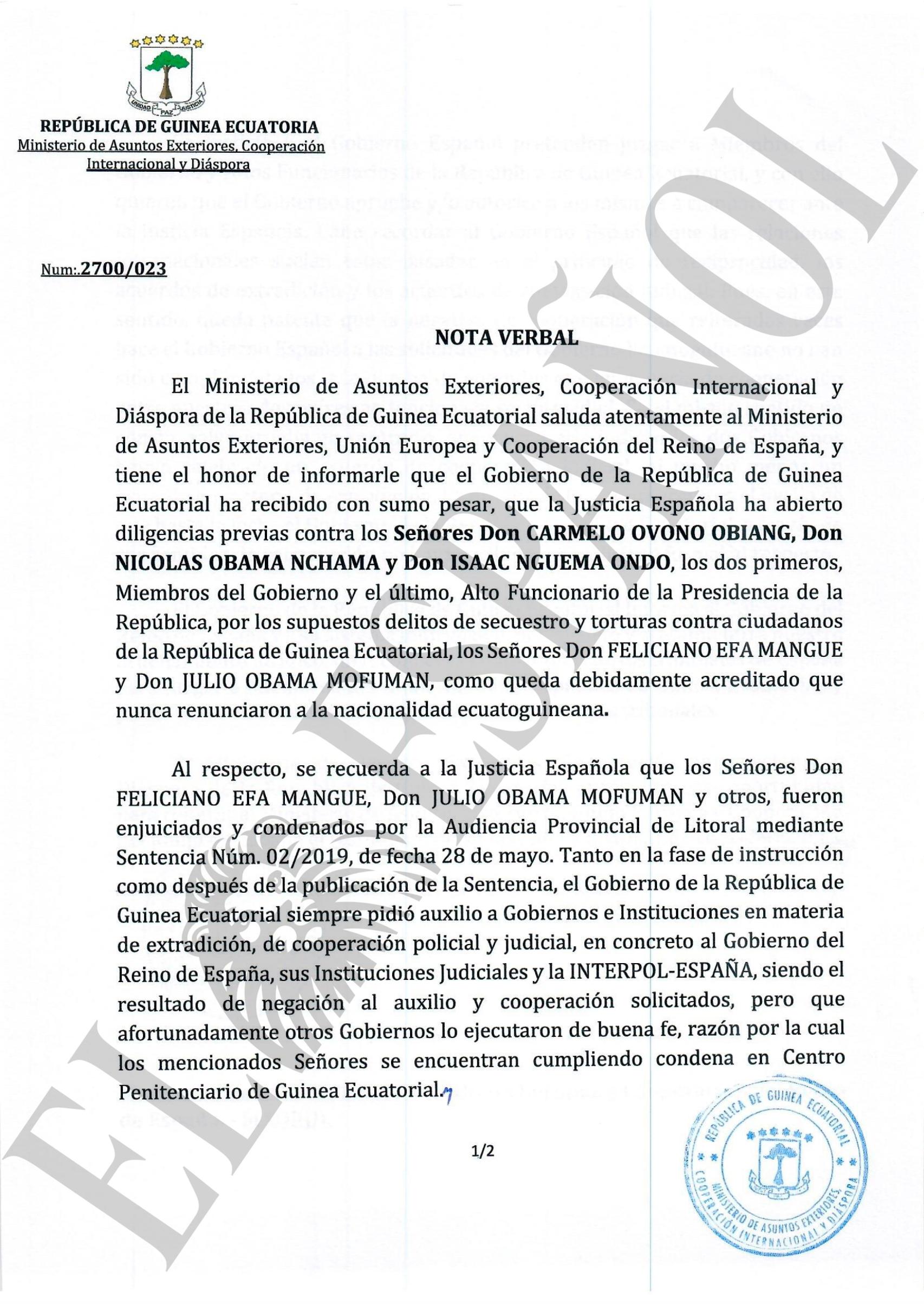 La nota verbal enviada por Guinea a Exteriores.